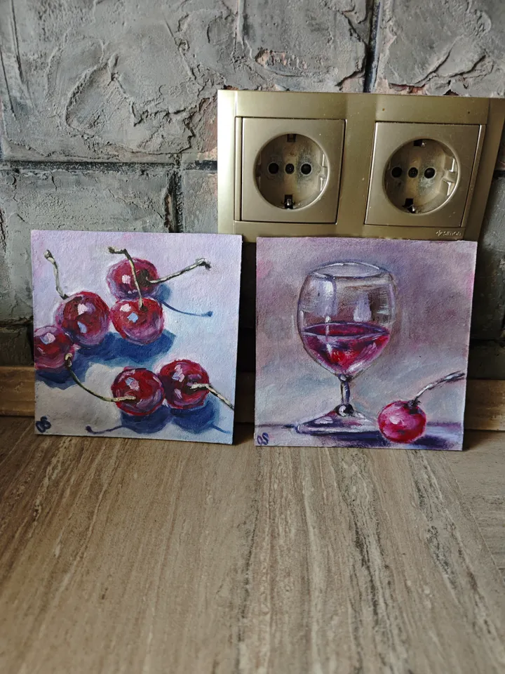 Cherries Original Painting Cherry Fruit Original Art Cherries Modern Artwork Bright Cherries Oil Painting Cherry On Table Fruit Wall Art Decor 5 x 5 inches by OlgaSokolovaArt