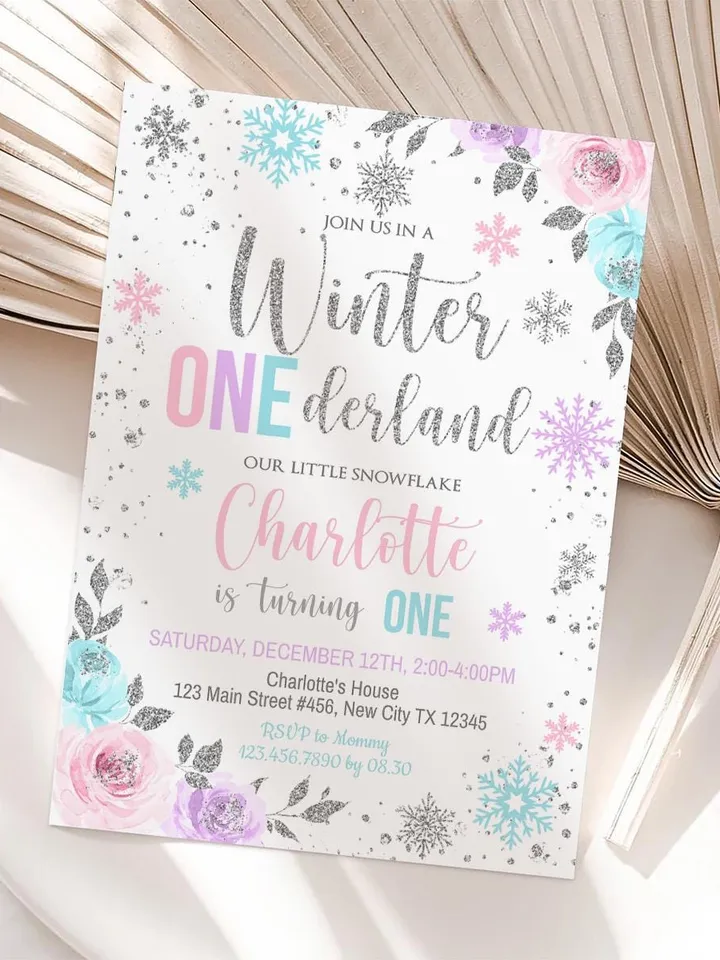 Winter Onederland Birthday Girl Invitation, Winter Wonderland 1st Birthday Invitation, First Birthday Snowflake Editable Template i098