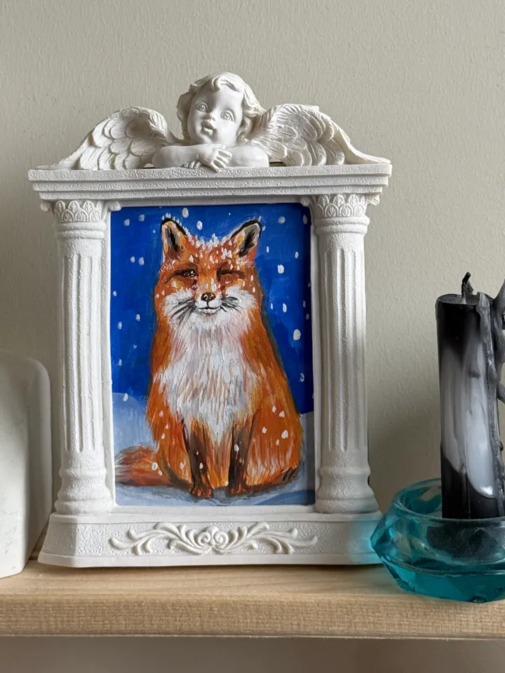 Fox Gouache Painting Original In Vintage Style Frame Small Framed Animals Wildlife Art