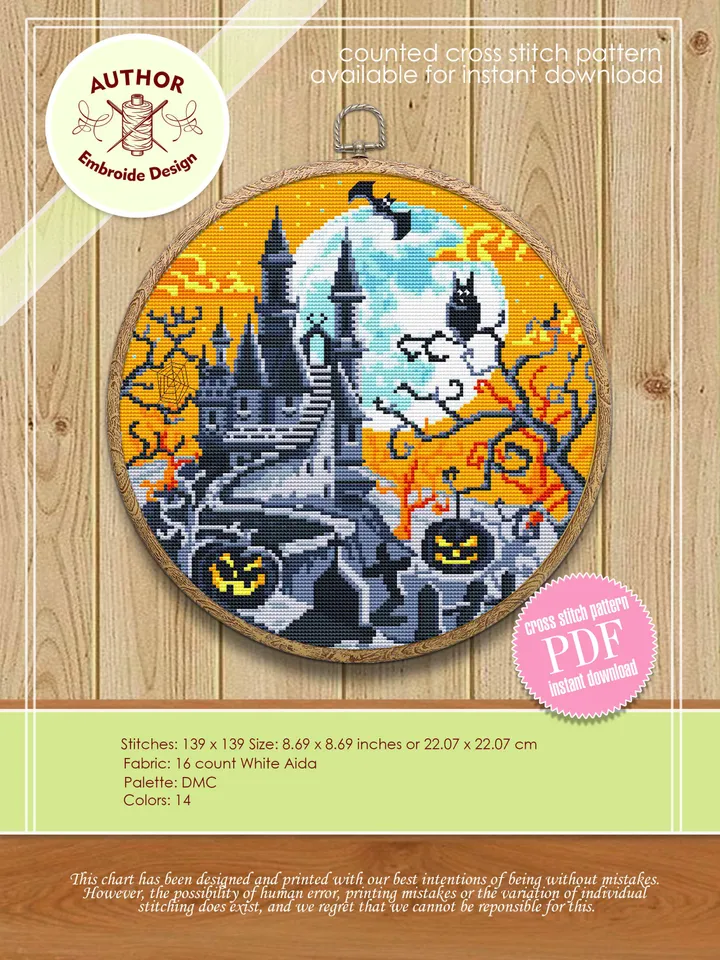 Set Halloween cross stitch pattern download PDF Haunted house cross stitch chart, Halloween pattern digital PDF, Happy Halloween night #S40