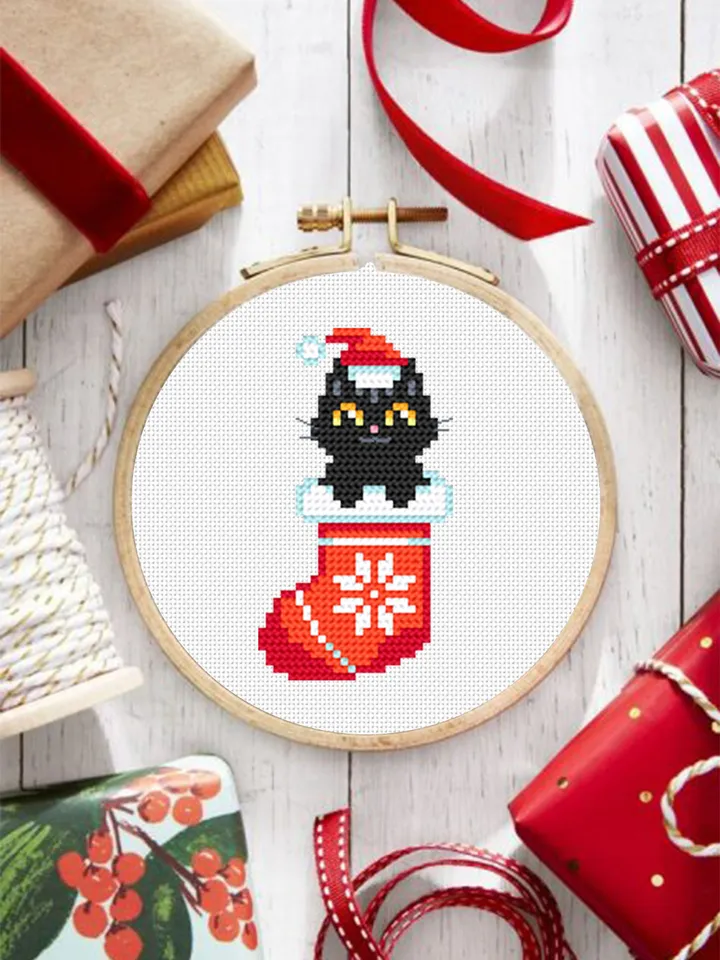 Set Christmas cats cross stitch pattern download PDF, Cute black cat embroidery PDF, Christmas small cross stitch, Funny home cat decor #N79