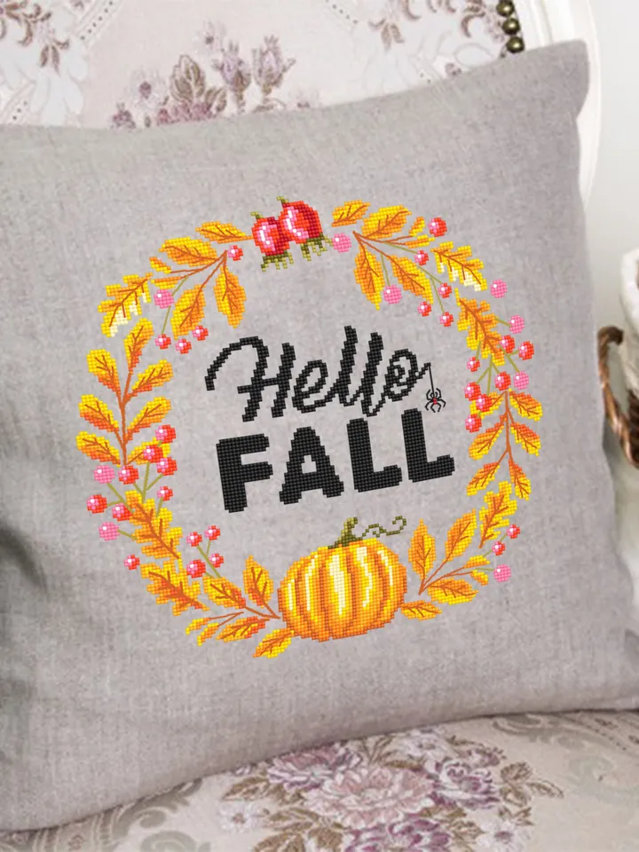 Fall wreath cross stitch pattern PDF instant download Halloween pumpkin cross stitch chart, Autumn wreath pattern, Thanksgiving wreath #Q57