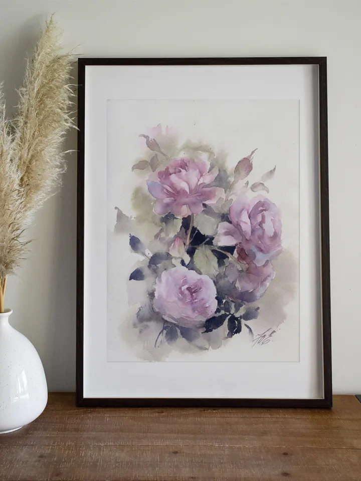 Novalis roses Painting Original watercolor art Lilac roses by Yulia Evsyukova