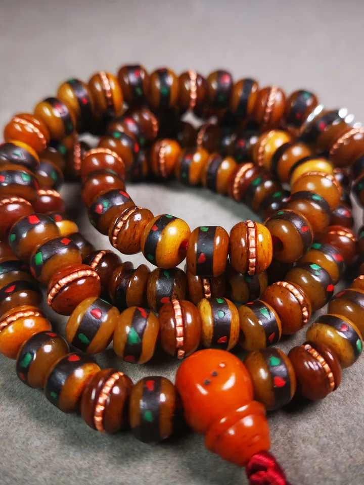 Gandhanra Handmade Antique Yak Bone Beads Mala,108 Prayer Beads Necklace with Bead Counters,for Meditation and Prayer