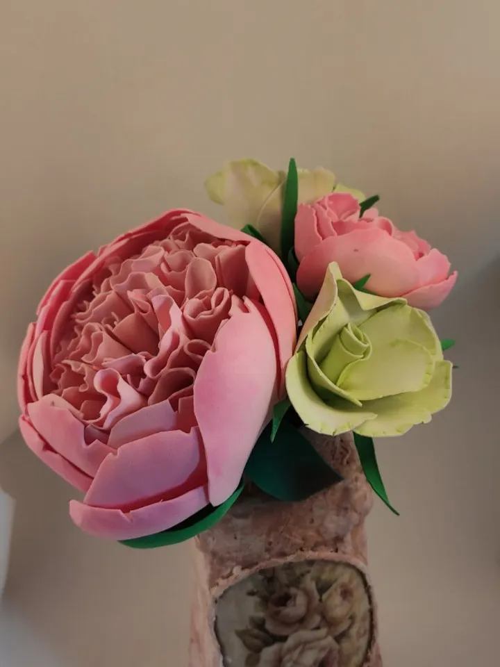 Artificial roses and eustomas in a vase/ handmade artificial flowers/ floral arrangements/ gifts for her/home decoration