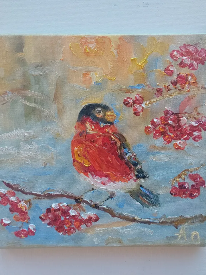 Oil painting on canvas "Bird. Bullfinch" 20x20cm (8x8 inch)