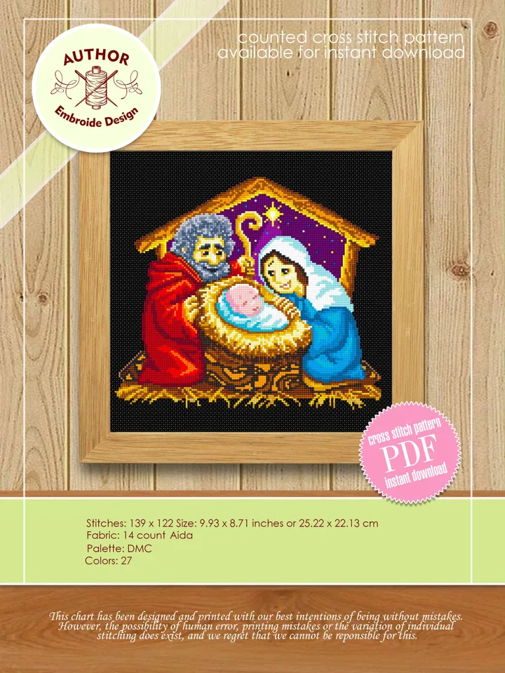 Nativity scene cross stitch pattern download PDF O Holy night cross stitch Religious Christmas embroidery Holy family pattern digital #N26