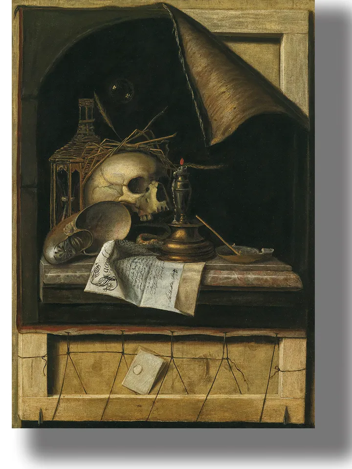 Symbols of Futility. Vanitas Still Life. Gothic style wall hanging. Dark symbolic art with a skull.