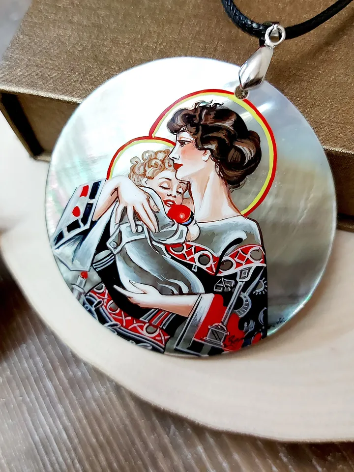 Beautiful Russian Pendant painted "Mother and child" miniature painting Russian necklace Fine art jewelry Gift for her Fedoskino Exclusive