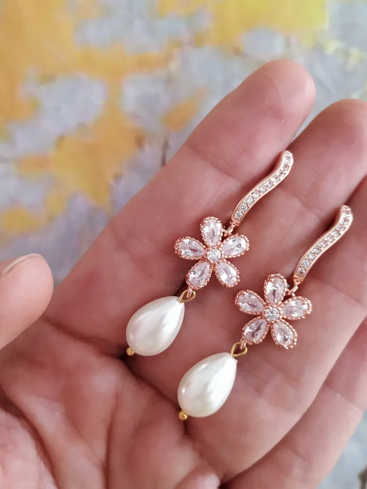 Diamond Rose Gold Floral Wedding Earrings, Teardrop Bridal Earrings, Vintage Style Wedding Jewelry, Chandelier Statement Earrings, Jewellery