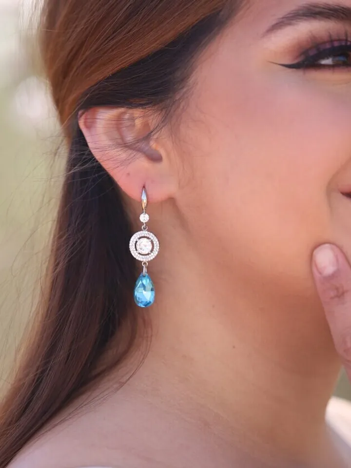 Silver Rose Gold Blue Swarovski Crystal Statement Wedding Earrings, Teardrop Bridal Earrings, Statement Wedding Jewelry, Bridesmaid Gift,