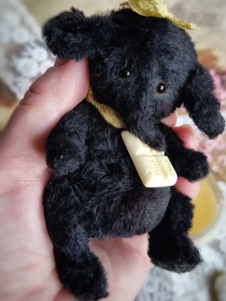 Handmade teddy baby elephant. Plush teddy elephant toy. Artist elephant gift. Black elephant. Present.