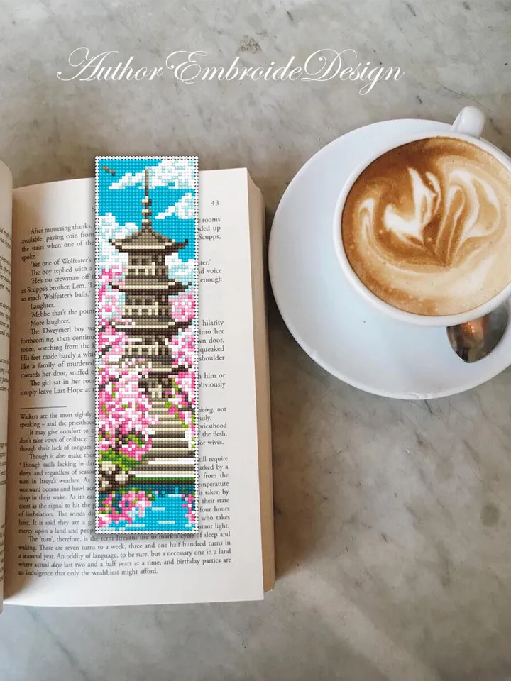 Spring bookmark cross stitch pattern PDF download Japanese pagoda cross stitch chart for beginner, Sakura bookmark pattern digital PDF #B470