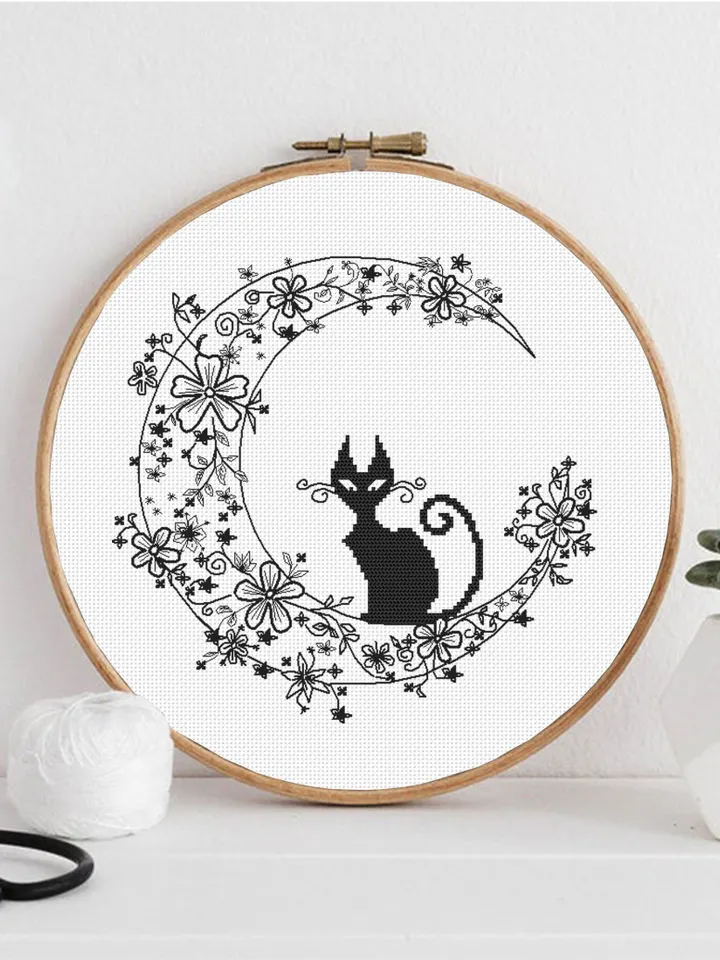 Cat blackwork pattern PDF Crescent moon Backstitch chart, Funny Black cat cross stitch, Flower moon blackwork embroidery download PDF #W4