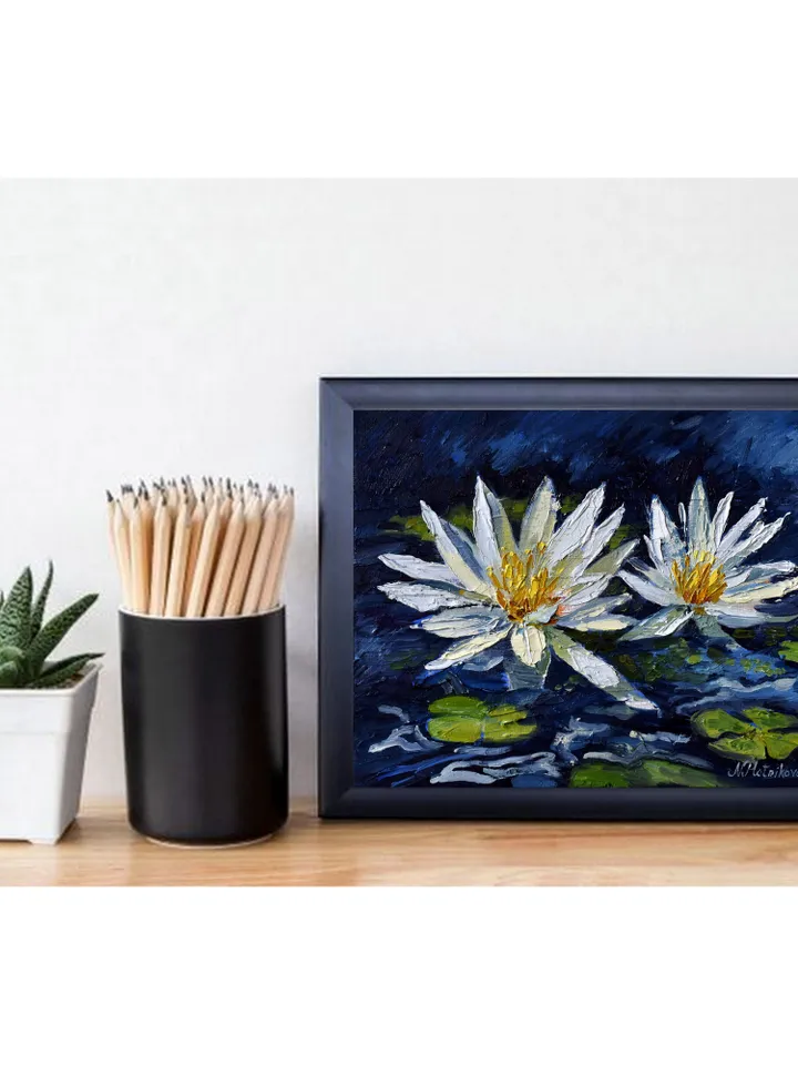 Water Lily painting Lotus Original Art Floral Artwork impasto oil painting