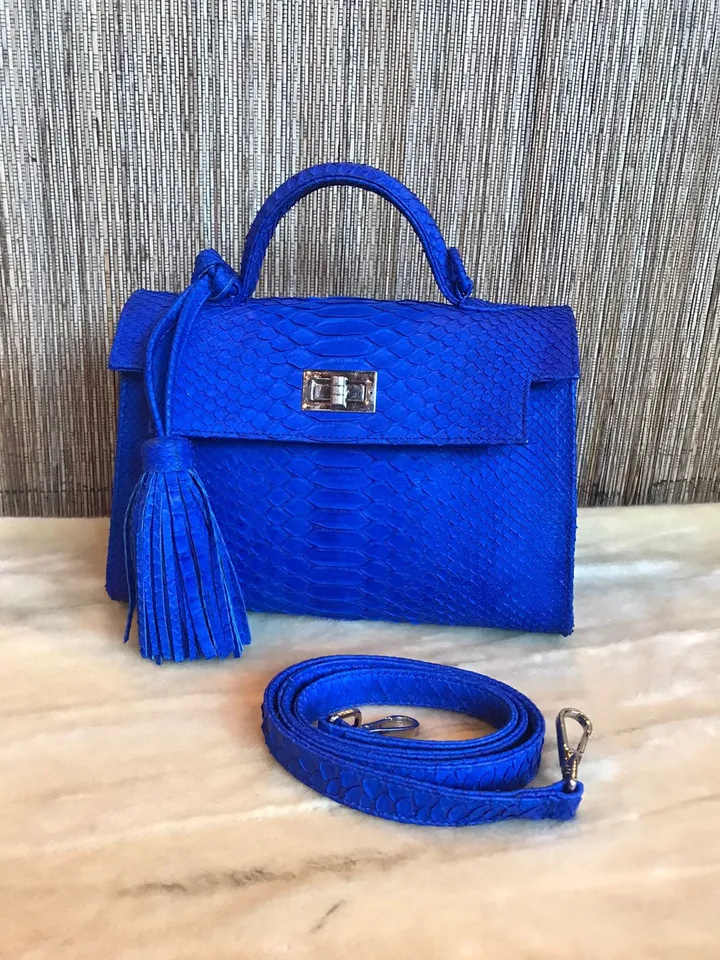Top handle bright blue classy genuine python skin bag | exotic leather bags | Elegant women purse | snake skin bag | designer leather bag