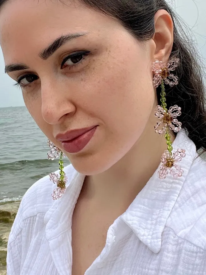 Floral Motif Crystal Drop Earrings