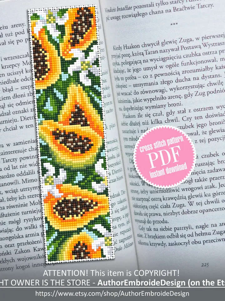 Tropical fruit bookmark cross stitch pattern PDF download Papaya cross stitch chart, Digital bookmark pattern, Easy handmade bookmark #B155