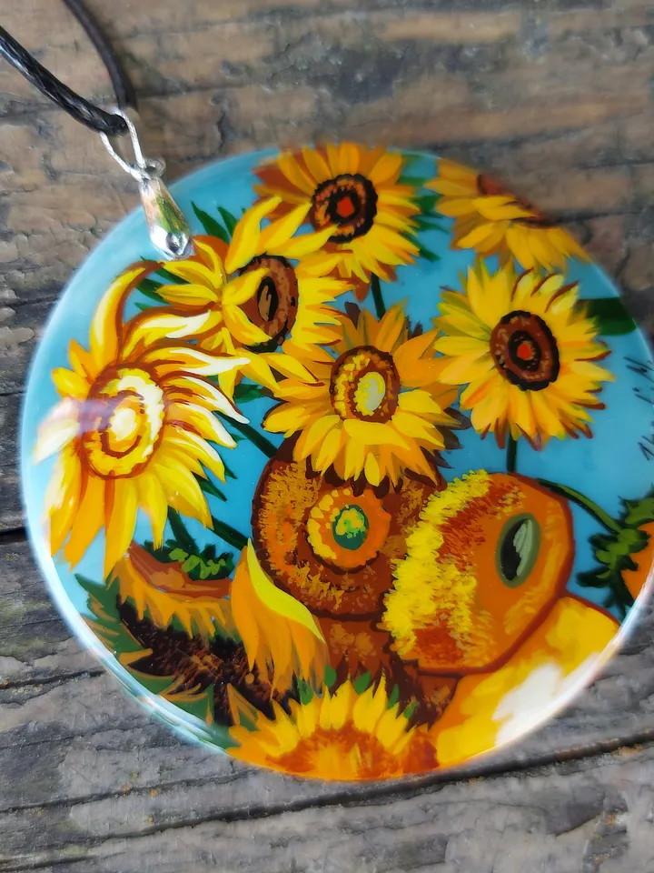 Sunflowers. In the style of Van Gogh. Mother-of-pearl. The Van Gogh pendant. Hand-painted necklace pendant. Hand painted miniature painting.
