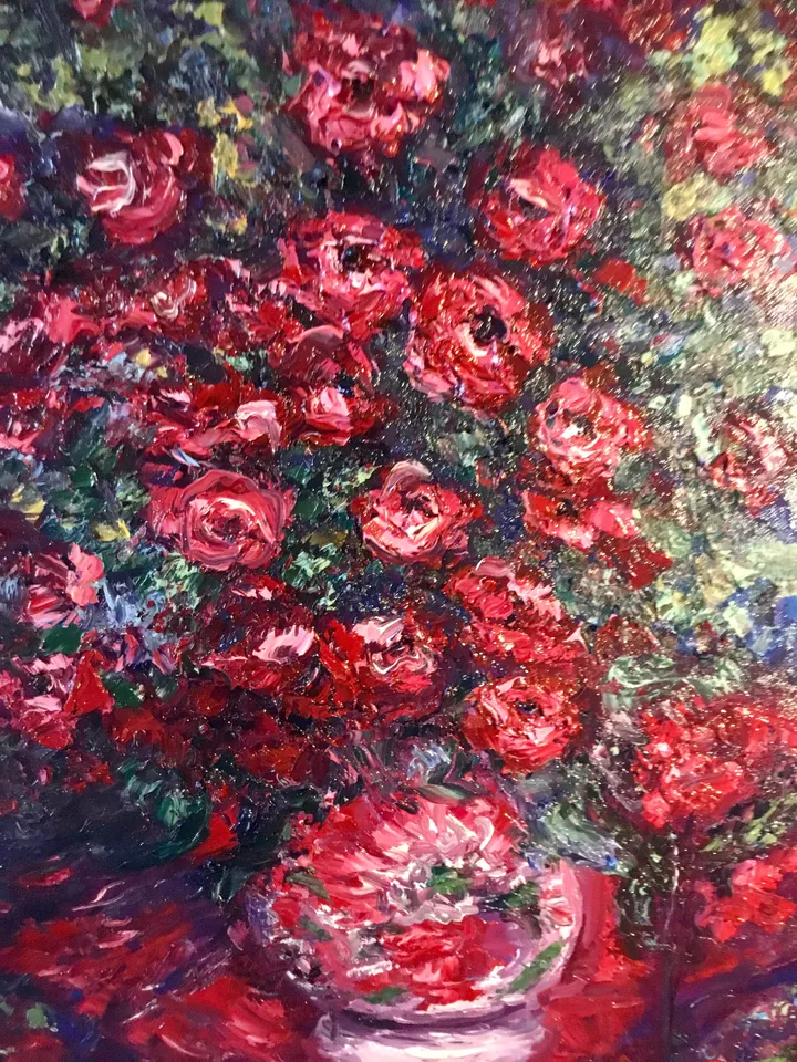 Red flowers in a vase,original oil heavy textured impasto painting on 3d canvas ,wall hanging,home decoration,gift.