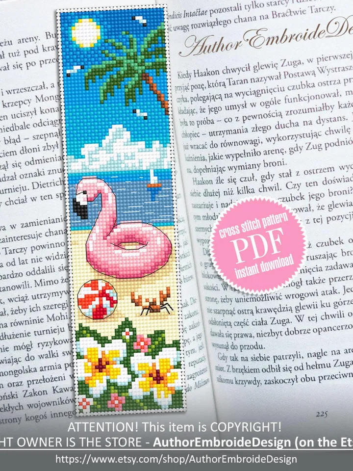 Beach bookmark cross stitch pattern PDF download Inflatable pink flamingo cross stitch, Bookmark pattern digital PDF Beach life Hawaii #B432