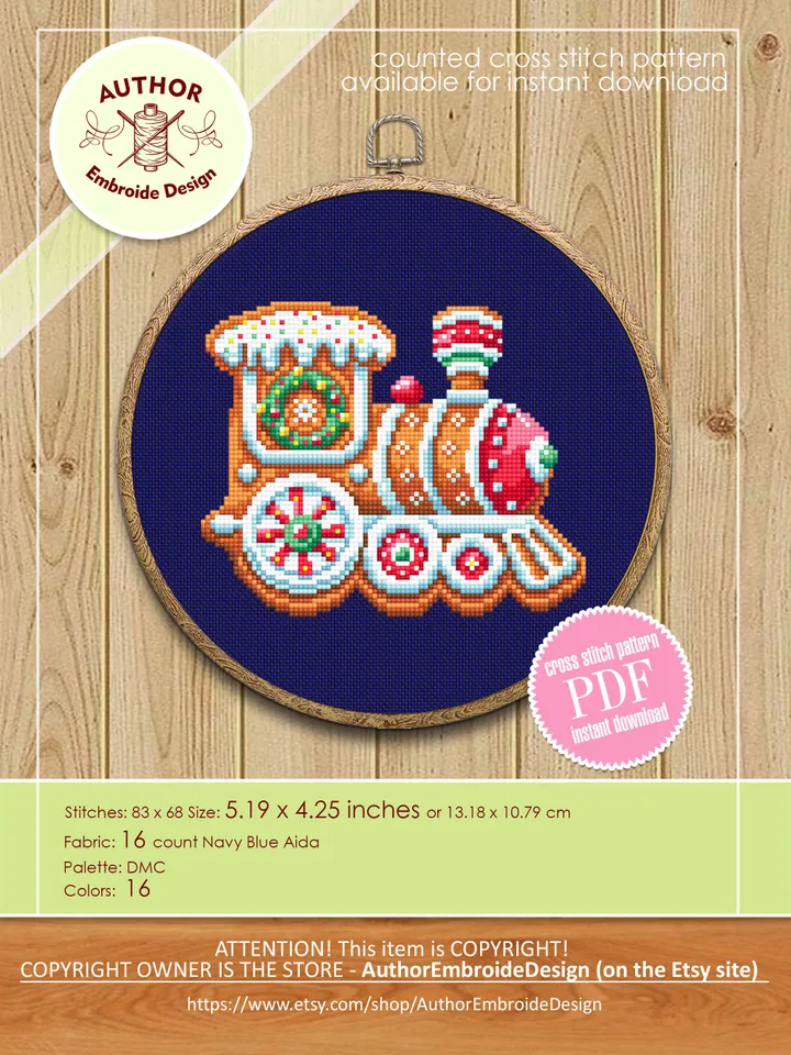 Christmas train cross stitch pattern download PDF Gingerbread cross stitch chart, Christmas pattern digital PDF, Gingerbread decor #N140