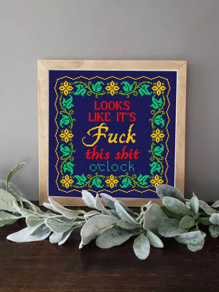 Framed quote cross stitch pattern download PDF, Looks like it is fuck this shit Floral frame cross stitch, Flower border cross stitch #Q13