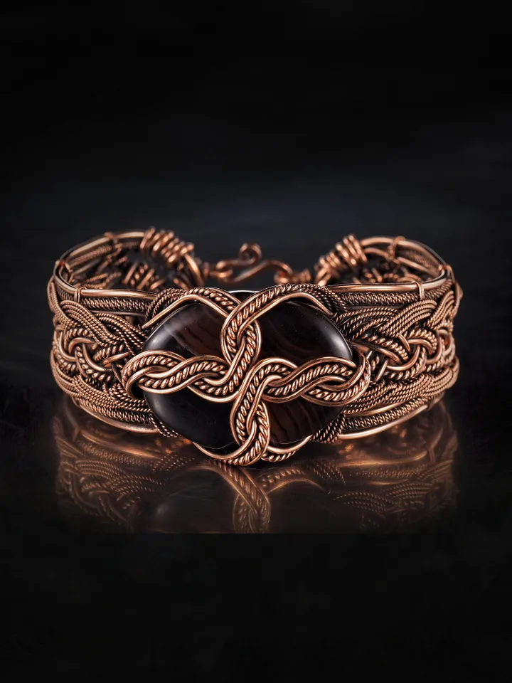 Copper wire wrapped agate bracelet Unique woven copper wire bangle Small size