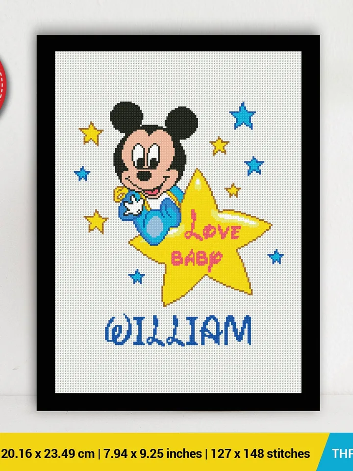 Mickey Birth announcement cross stitch pattern, Mouse, baby, personalized, boy nursery, counted, chart, gift DIY, embroidery, instant PDF