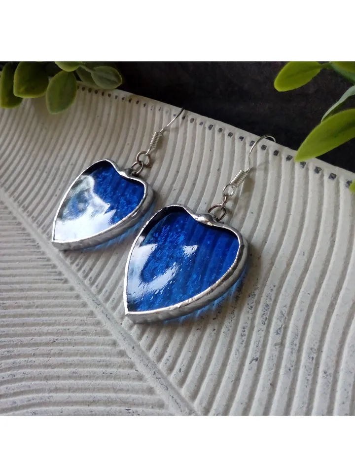 Blue HEART earrings, Stained glass earrings, st Valentine heart earrings, kawaii earrings, Love earrings, Romantic gift