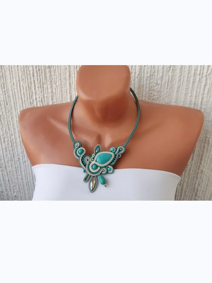 Turquoise statement necklace, Soutache embroidered necklace with natural stone, Blue bib necklace