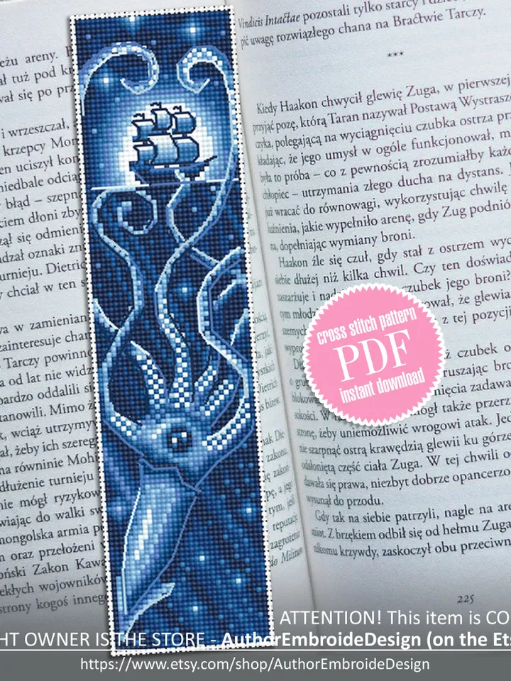 Kraken bookmark cross stitch pattern download PDF, Ocean handmade bookmark digital, Sea monster cross stitch, Under the sea embroidery #B85