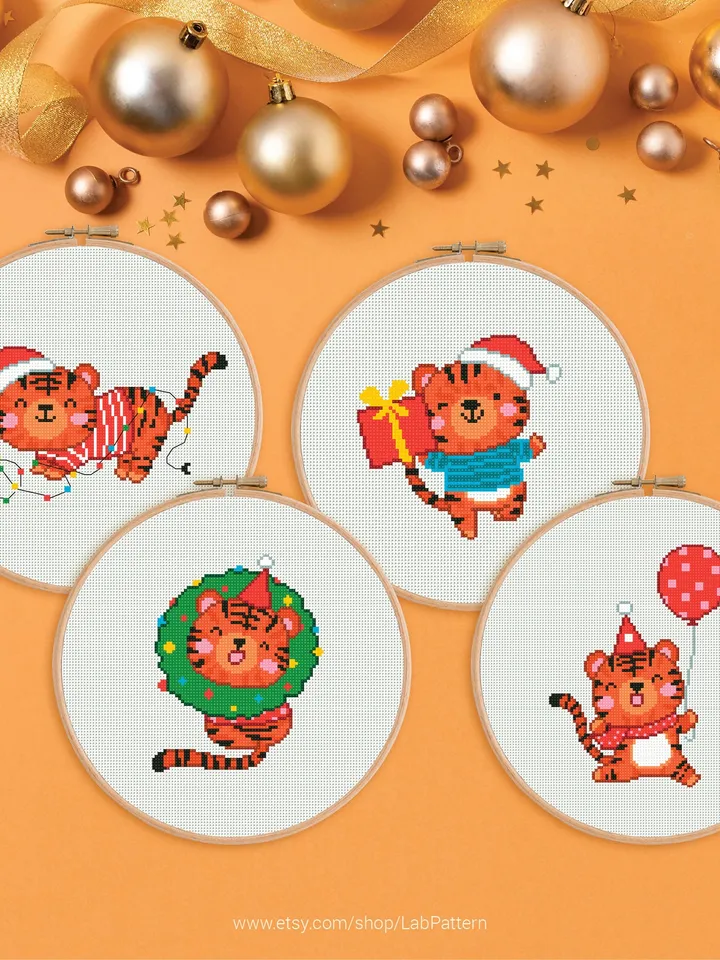 Bundle of 4 Funny Tiger 2022 New Year Cross stitch pattern | Embroidery Pattern | Instant Download | Embroidery Designs