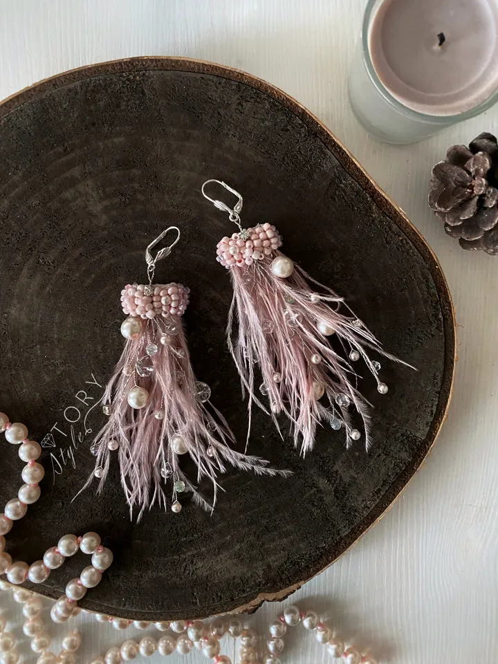 Pink Earrings, feather earrings,Long earrings, Ostrich feather earrings, wedding earrings,Dusty pink earrings, Earrings