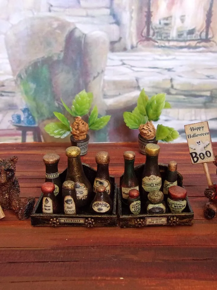 A set of bottles in a box.Bottles with poisons. Dollhouse accessories.1:12 scale.