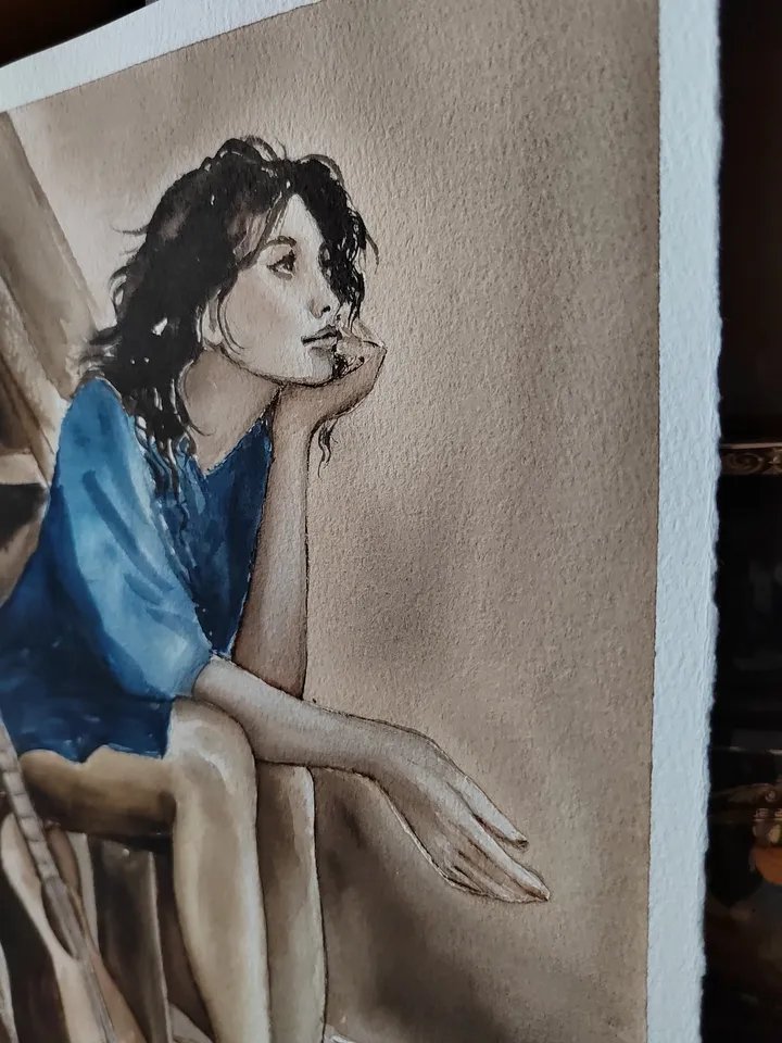 Girl with Guitar Artwork Original Watercolor Painting 8.27x 11.42 in by Art Café