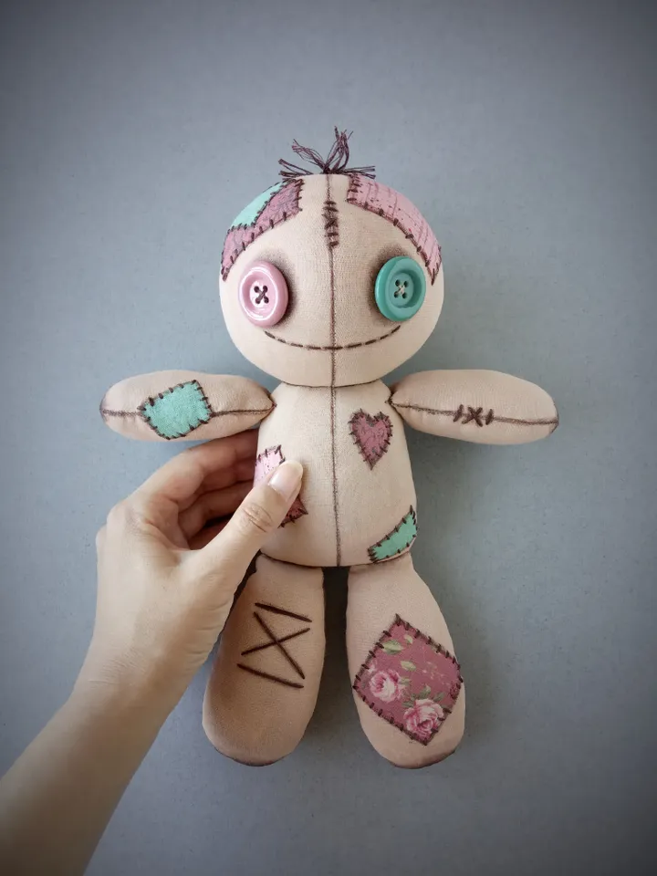 Handmade Doll With Button Eyes - Pink & Green