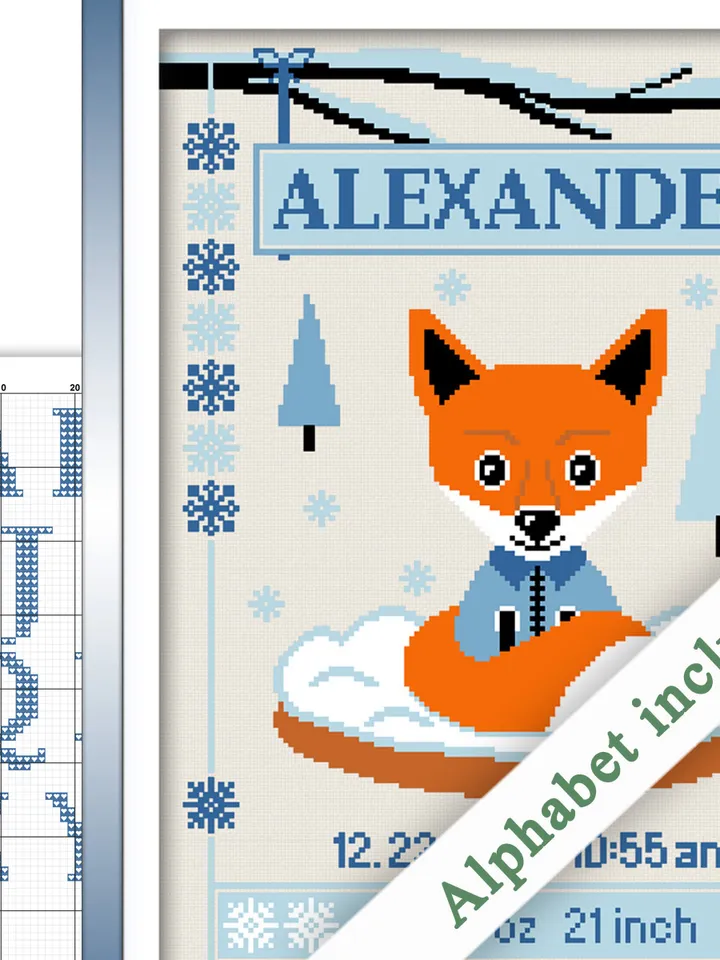 Baby Birth Announcement. Cute Fox Cross Stitch Pattern. Animal Cross Stitch. DIY. Customizable New Baby.
