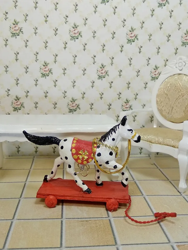 Horse on a cart. Dollhouse toy.1:12 scale.