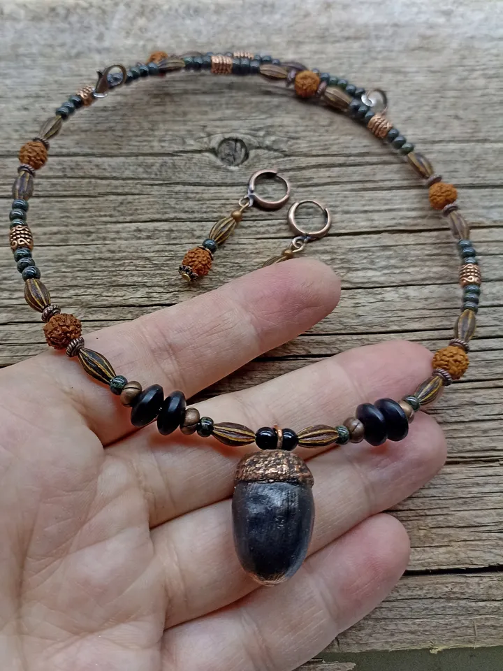 Acorn necklace brown and copper color Choker with real electroformed acorn, silverberry seeds and rudraksha on memory wire
