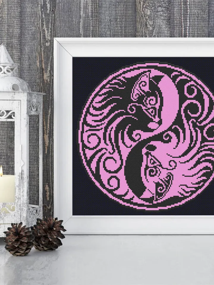 Yin Yang cat cross stitch pattern download PDF Mandala cat embroidery PDF, Yin and yang cross stitch chart, Cat lover gift, Home decor #M105