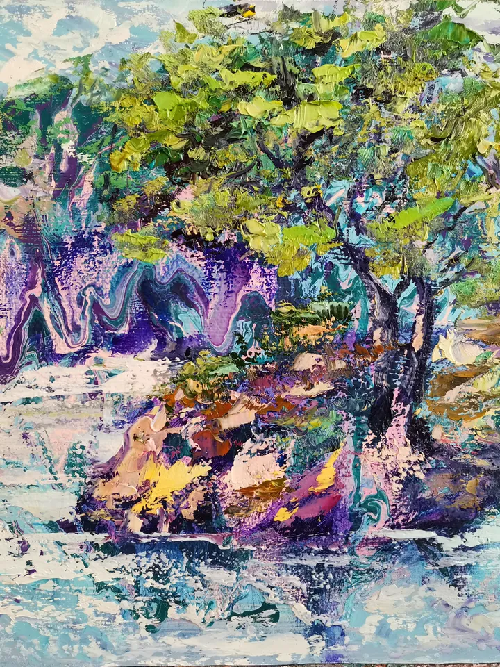 Pine Mountains River Impasto Painting Original Fine Art Artist Svinar Oksana