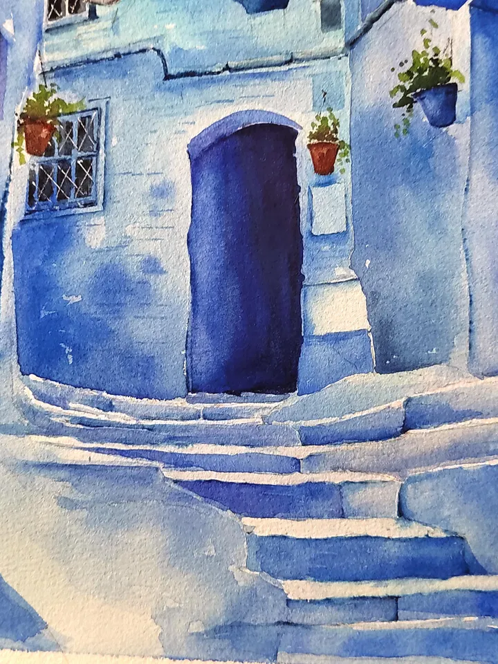 Blue Town Morocco Painting Chefchaouen Artwork Chaouen Original Watercolor Art 11.81x15.74 in by Art Café