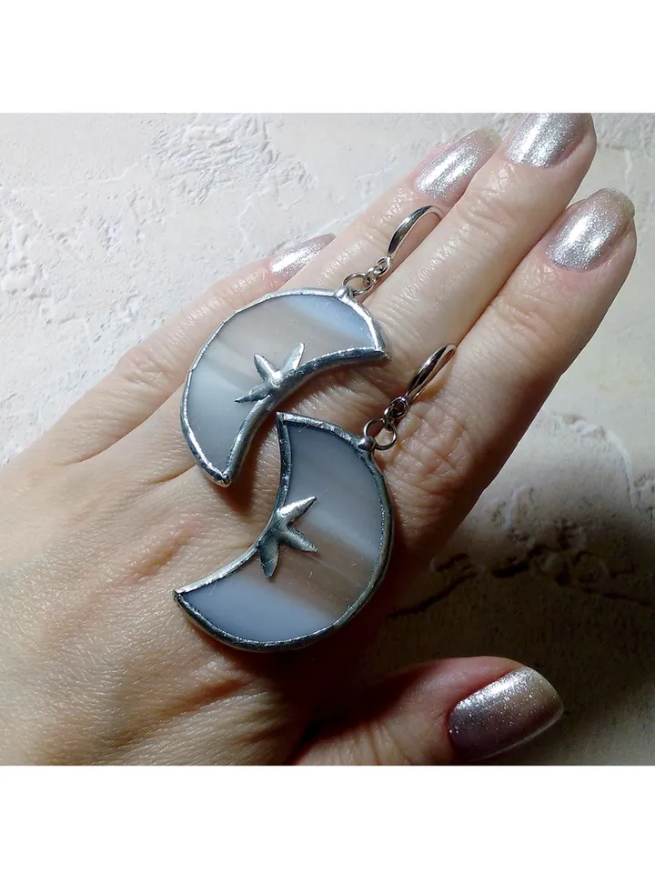 Glass crescent earrings, Moon and stars, Witchy goth aesthetic, Tin soldered moon earrings, Halloween, Witch earrings