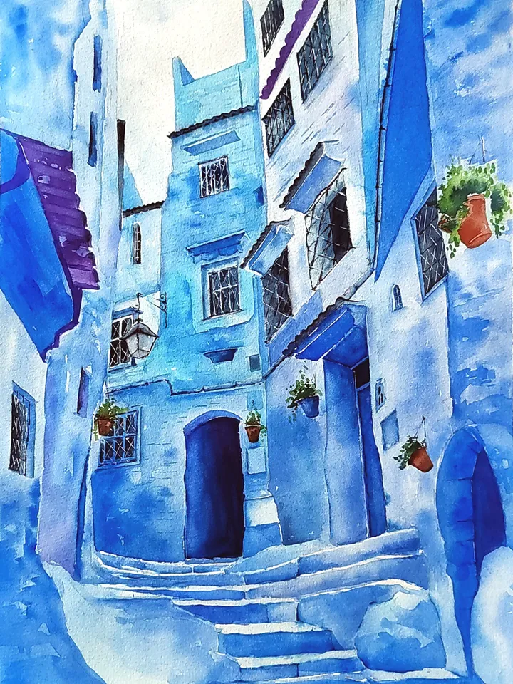 Blue Town Morocco Painting Chefchaouen Artwork Chaouen Original Watercolor Art 11.81x15.74 in by Art Café