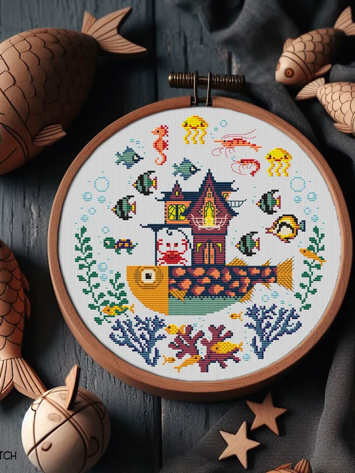 Underwater mansion cross stitch pattern