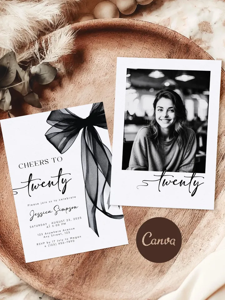 Coquette Black Bow 20th Invitation, Editable Twentieth Birthday Party Invite, DIY Digital Black Ribbon, Cheers to Twenty Invite
