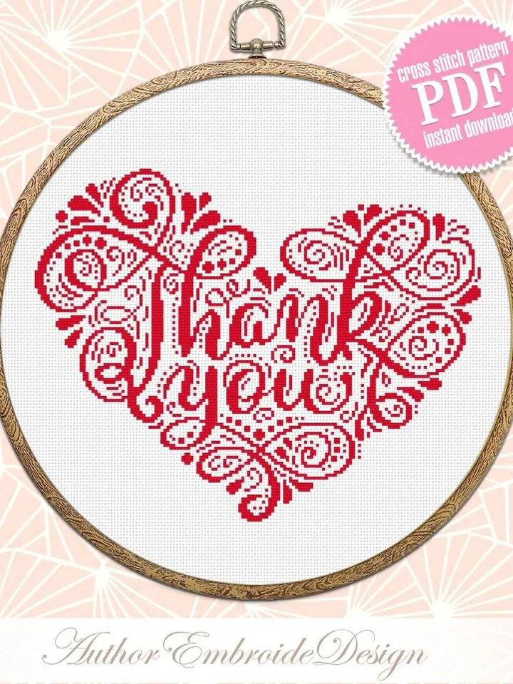 Heart thank you cross stitch pattern PDF download Heart mandala cross stitch chart, Heart embroidery digital PDF, Quote cross stitch #M233