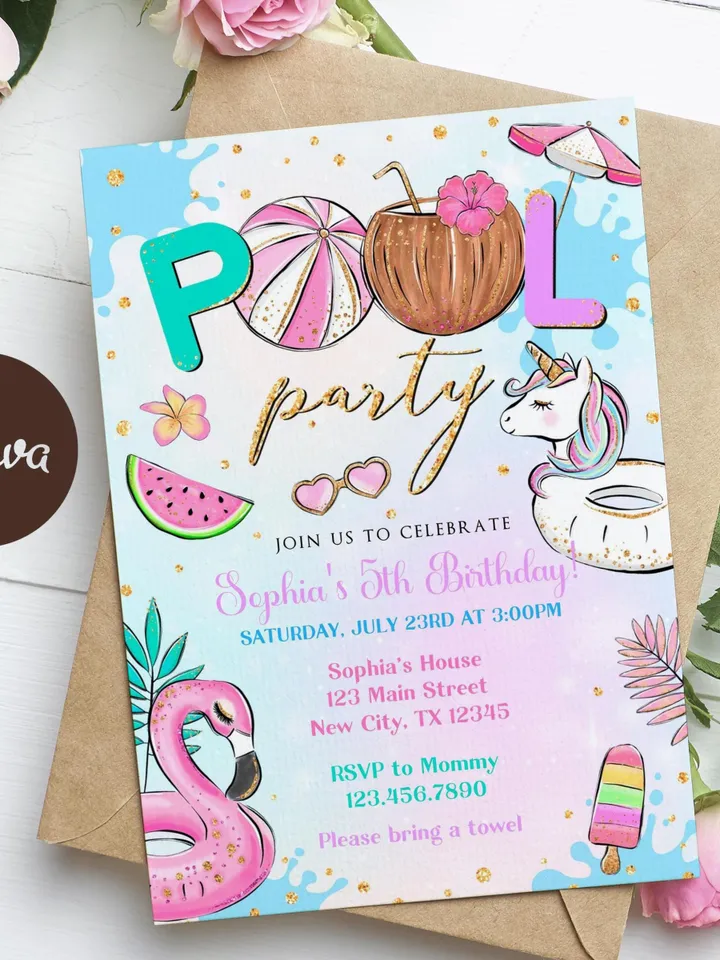 Pool Party Invitation Girl, Pool Party Unicorn Invitation Instant Download, Swimming Party Invite, Canva Editable Template