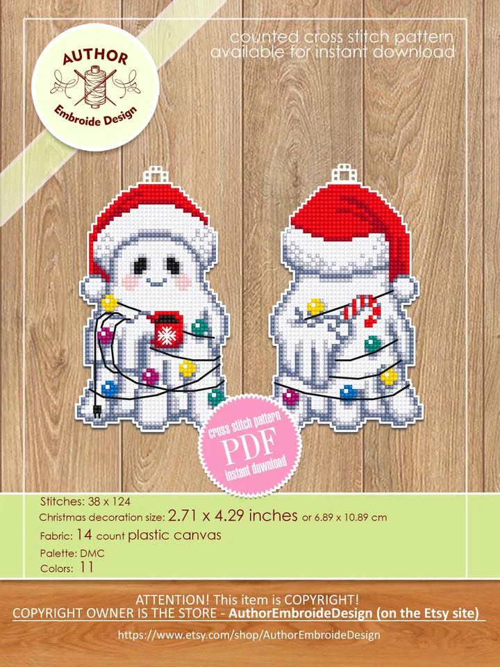 Christmas ghost cross stitch pattern PDF download Double-sided Christmas tree decor for plastic canvas, Cute ghost pattern digital PDF #N159